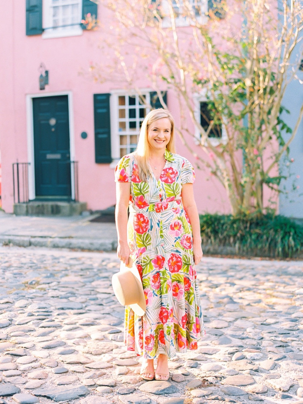 Badgley Mischka Floral Midi Dress in Pink and Green
